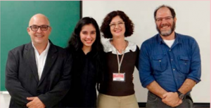 Em foto do arquivo pessoal da aluna, Marcos Borges, do Metrô-SP, com a aluna Raquel e os professores Flávia Ulian e Gilder Nader, da banca avaliadora do TG